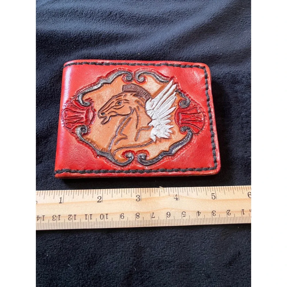 Vintage Bifold Wallet Mens OS Red Tooled Leather Pegasus Handcrafted Western